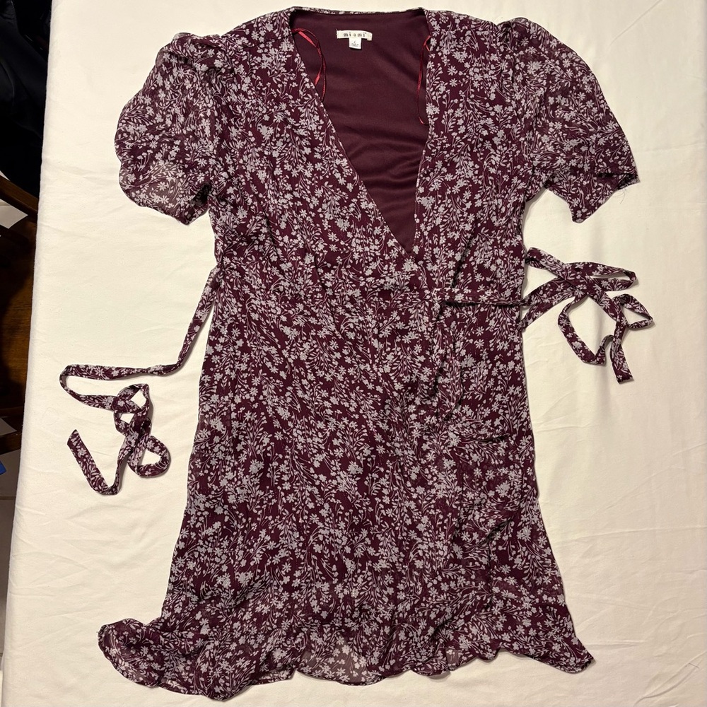 Miami Mini Wrap Dress in a Wine Red Floral Print